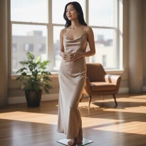 Slip Dress Long High Slit Drapery Neck Beige Ankle SZ SM Y2K Romantic Boho Chic